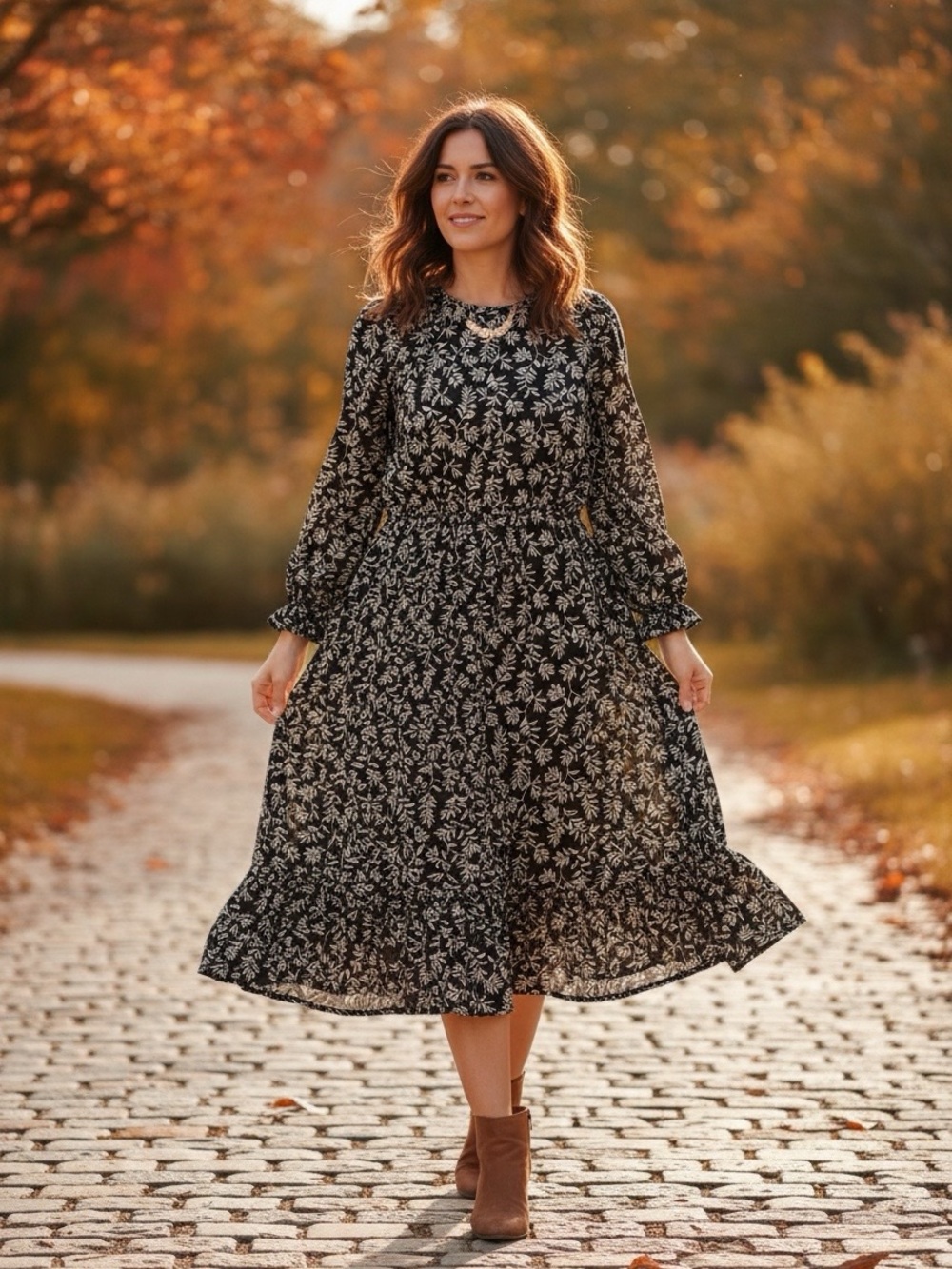 New black white leaf pattern large dress cottage core boho full length 49" pit22